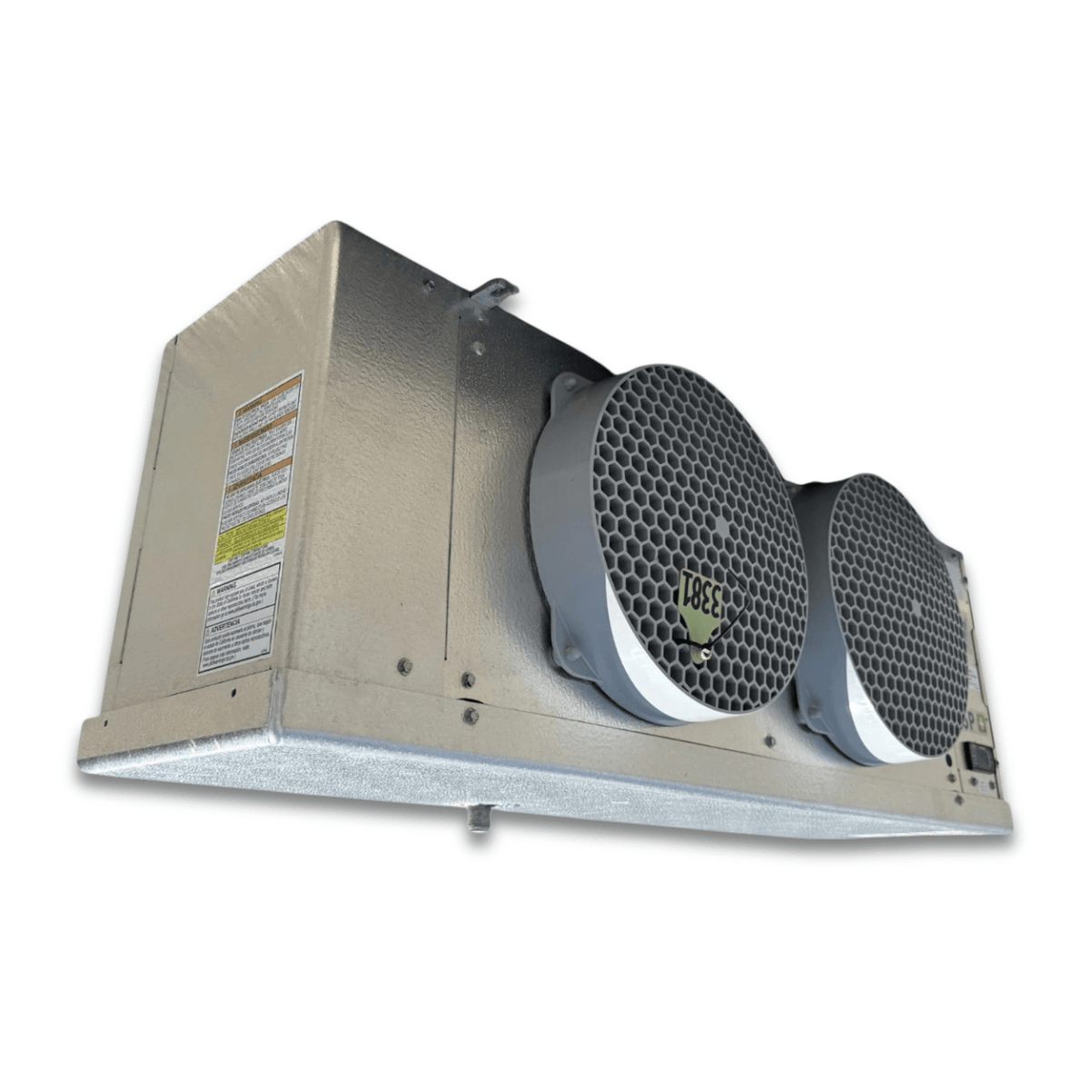 Used Keeprite KLP-214MES2DA167 Electric Defrost Evaporator - 11533 — supplier gallery view 3; Front-left view of a used Keeprite KLP-214MES2DA167 electric defrost evaporator #3381, a beige fan coil unit with twin honeycomb fan grilles and a SmartSpeed control panel.