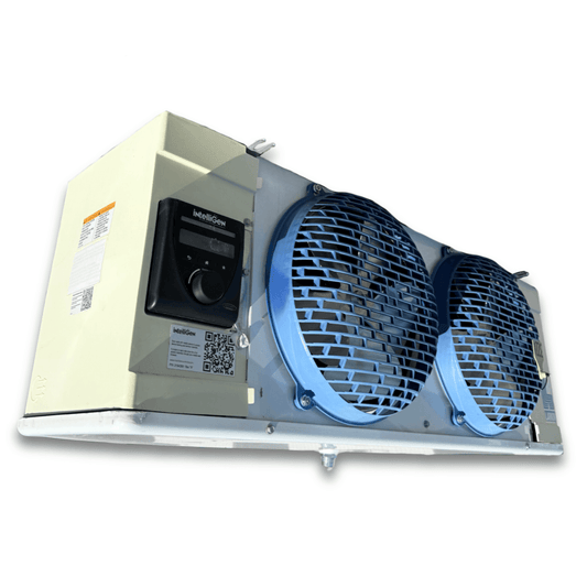 Used Larkin LEL-0065BS6EEAB0200 Evaporator #3224 — supplier gallery view 1; Used white/blue evaporator with two fans front side view showing labels.