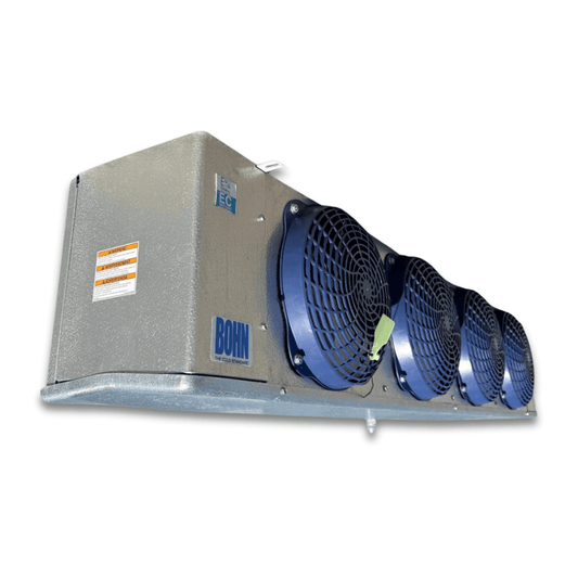 Used Bohn ADT-208AEK Evaporator #3116 — supplier gallery view 1; Front-left view of a used Bohn ADT-208AEK evaporator #3116, a gray fan coil unit with four blue-grille fans and a Bohn logo decal.