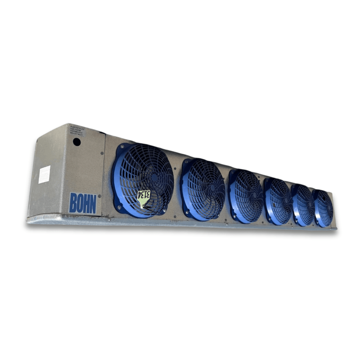 Used Bohn ADT-370BK Evaporator - 11543 — supplier gallery view 1; Front-left view of a used Bohn ADT-370BK evaporator #3134, a long gray fan coil unit with six blue-grille fans and a Bohn logo decal.