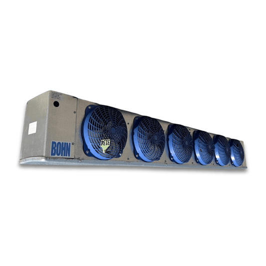 Used Bohn ADT-370BK Evaporator - 11543 — supplier gallery view 1; Front-left view of a used Bohn ADT-370BK evaporator #3134, a long gray fan coil unit with six blue-grille fans and a Bohn logo decal.