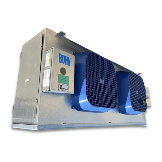 Used Bohn BEM-0300CS6EMAB0100 Evaporator — supplier gallery view 1; Front-left view of the used Bohn BEM-0300CS6EMAB0100 evaporator, showing the two square blue-grille fans and Beacon II control panel.
