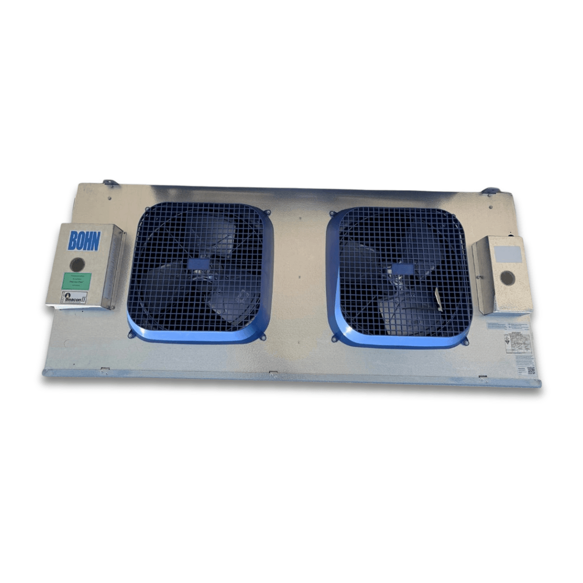 Used Bohn BEM-0300CS6EMAB0100 Evaporator — supplier gallery view 2; Straight-on view of a used Bohn BEM-0300CS6EMAB0100 evaporator, a gray fan coil unit with two square blue-grille fans and a Bohn Beacon II control.