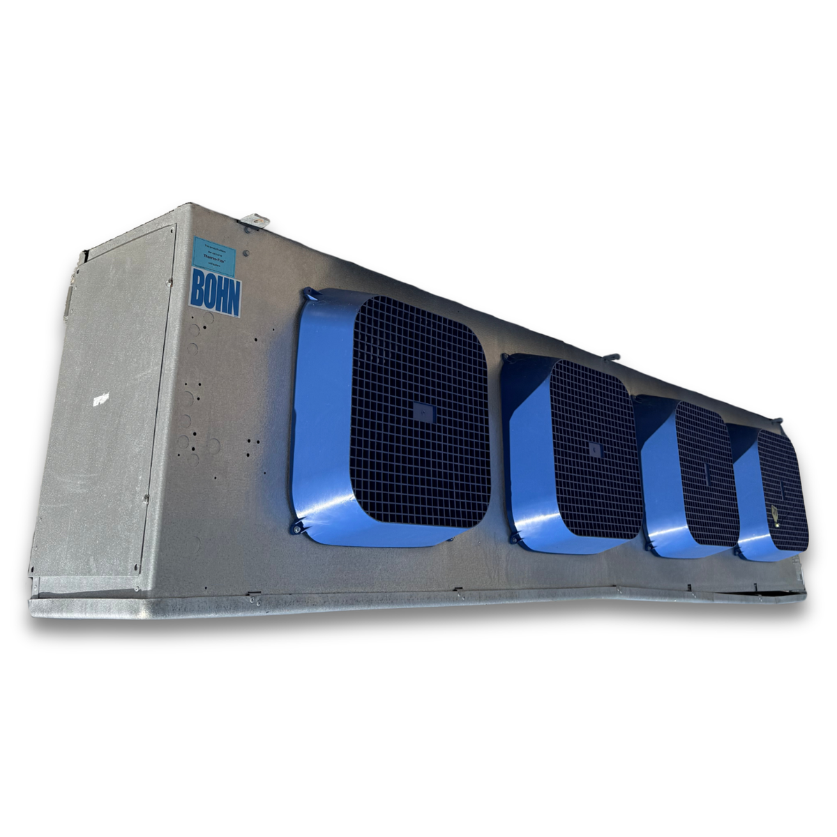 Used Bohn BEM-0975AS7APAB0000 Evaporator — supplier gallery view 1; Used gray evaporator with three fans front side view showing labels.
