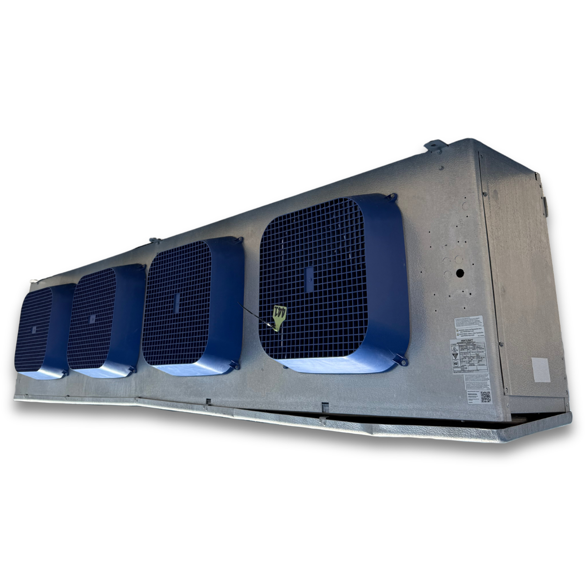 Used Bohn BEM-0975AS7APAB0000 Evaporator — supplier gallery view 3; Used gray evaporator front side view showing labels.