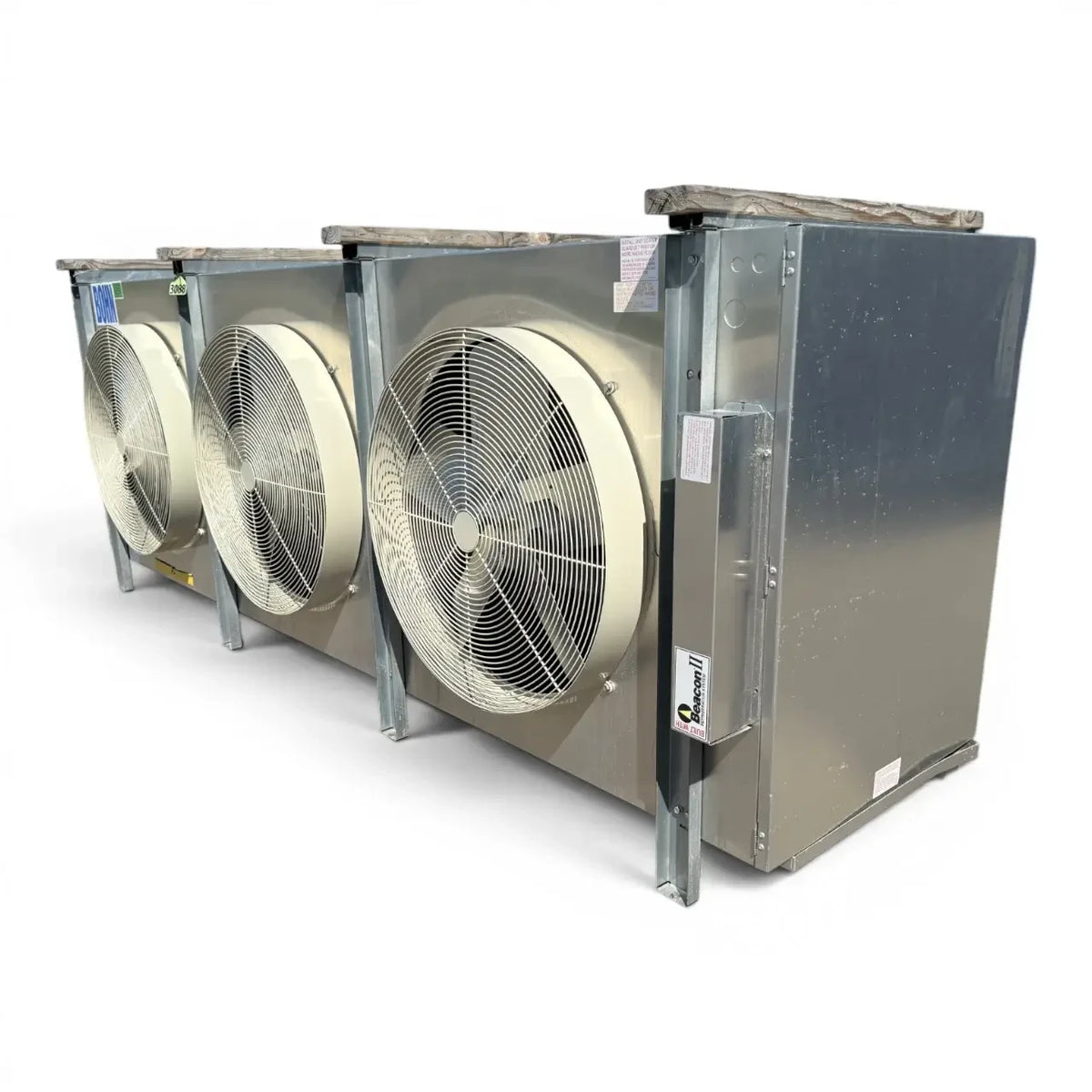Used Bohn BHE-1200DA Evaporator #3190 — supplier gallery view 3; Front-right view of the used Bohn BHE-1200DA evaporator, showing the cabinet side panel and Beacon II defrost control label.