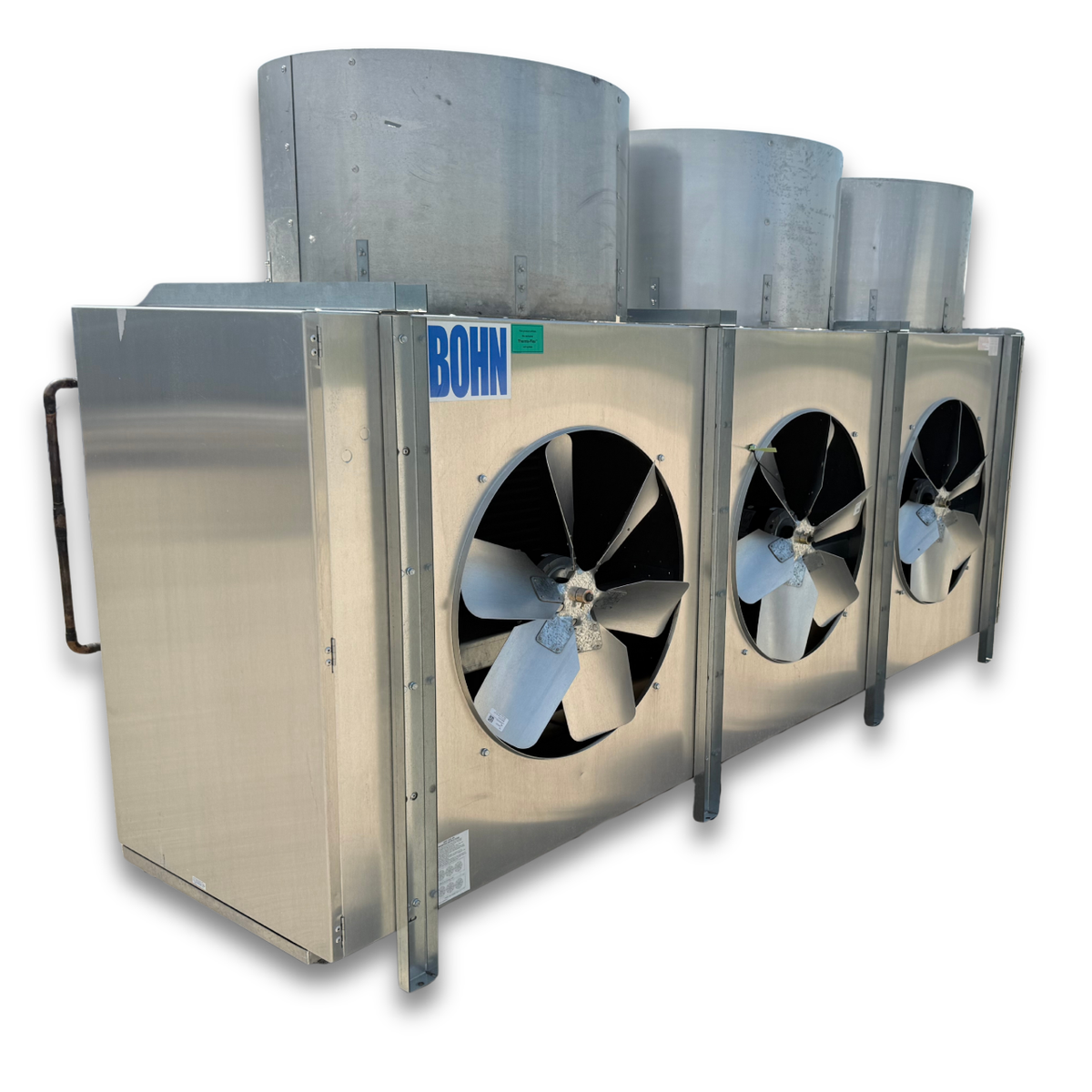 Used Bohn BHE-1390DA Evaporator — supplier gallery view 1; Used gray evaporator with three fans front side view.