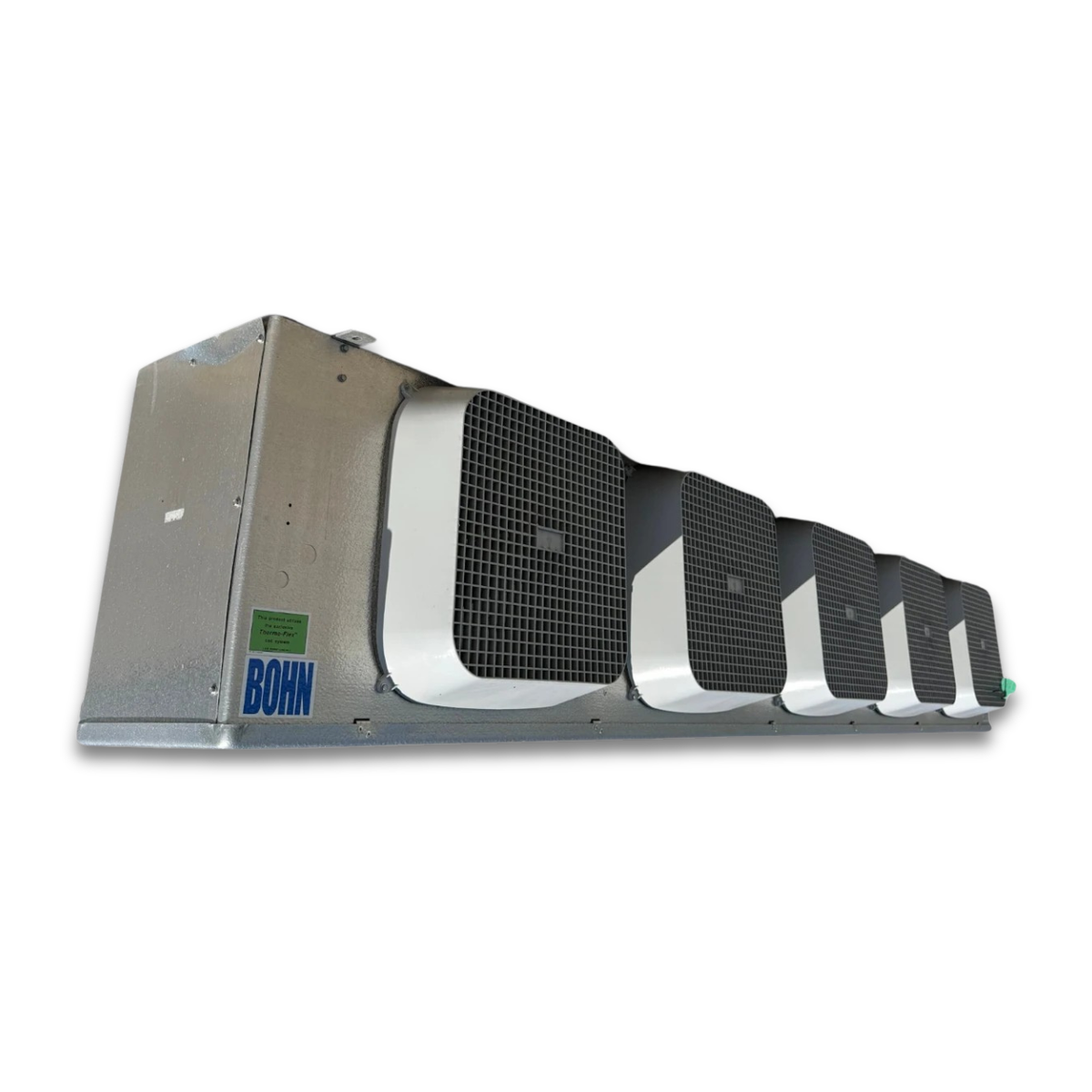 Used Bohn BME-620CEA Evaporator — supplier gallery view 1; Front-left view of a used Bohn BME-620CEA electric defrost evaporator #1160, a gray fan coil unit with five white-grille fans and a Bohn logo decal.