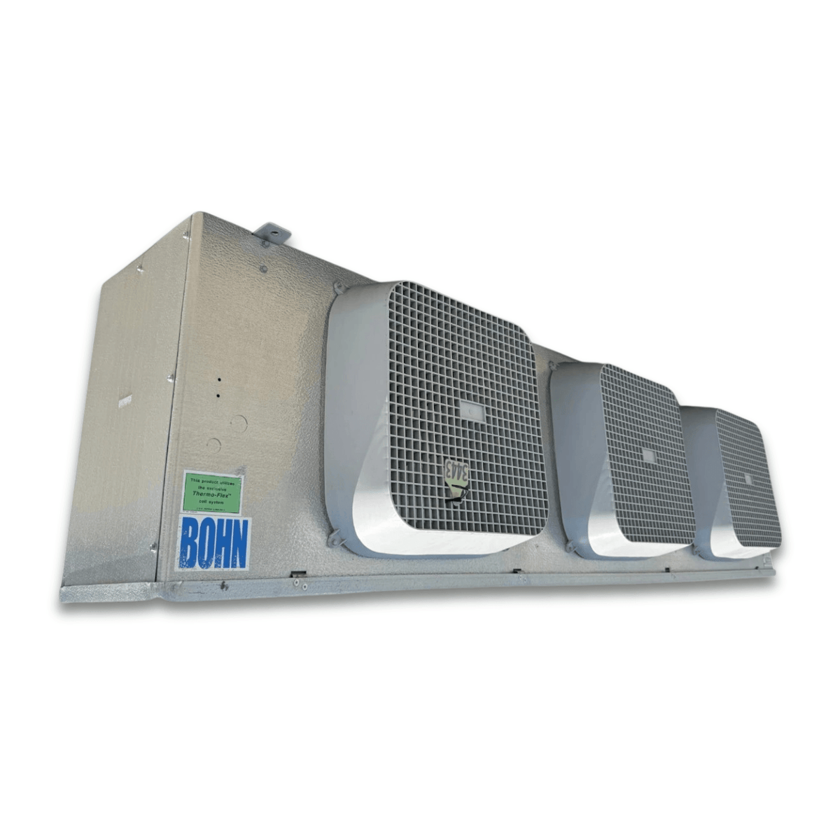 Used Bohn BML-330CEA Evaporator - 11555 — supplier gallery view 1; Front-left view of a used Bohn BML-330CEA electric defrost evaporator #3443, a gray fan coil unit with three white-grille fans and a Bohn logo decal.