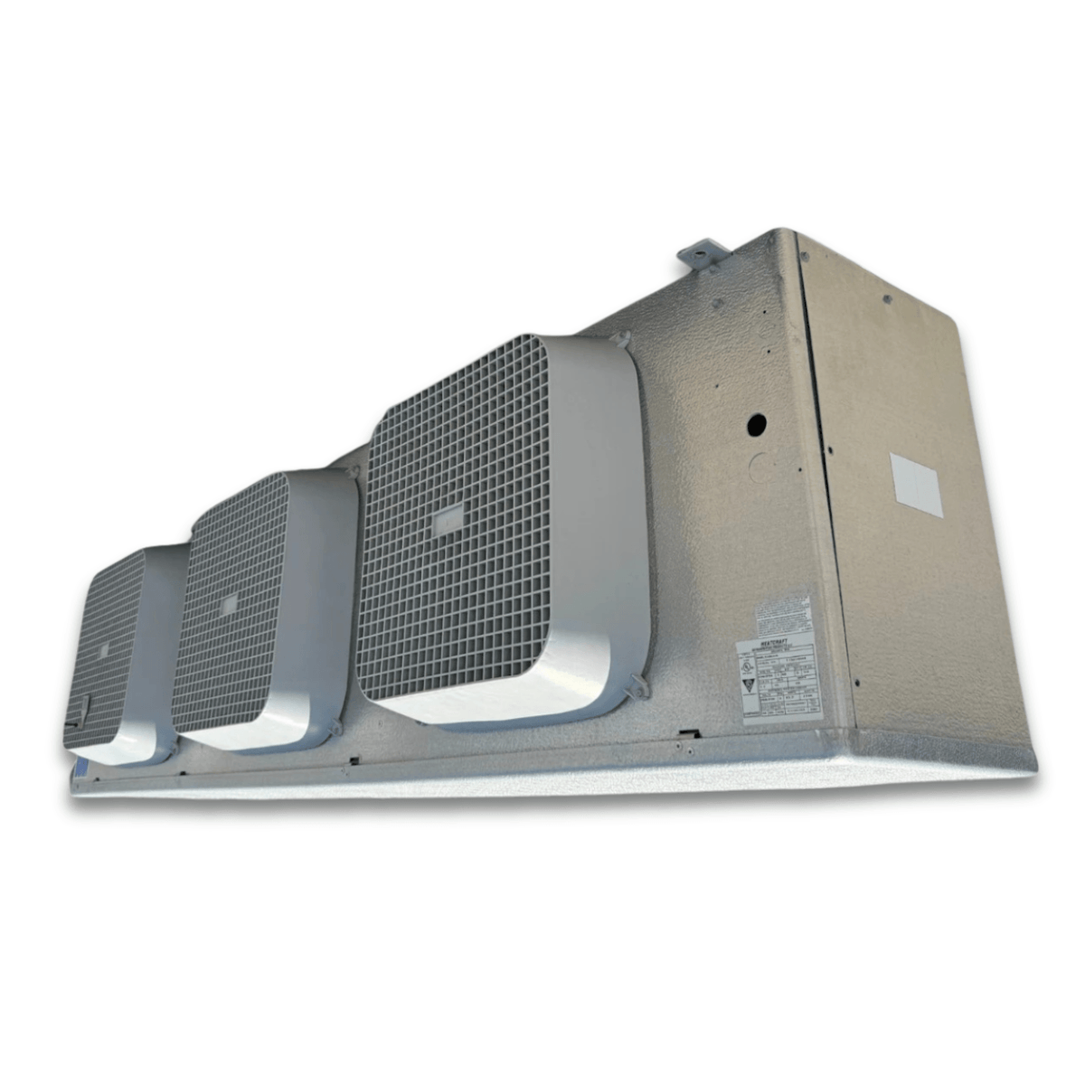 Used Bohn BML-330CEA Evaporator - 11555 — supplier gallery view 3; Front-right view of the used Bohn BML-330CEA electric defrost evaporator #3443, showing the cabinet side panel and rating labels.
