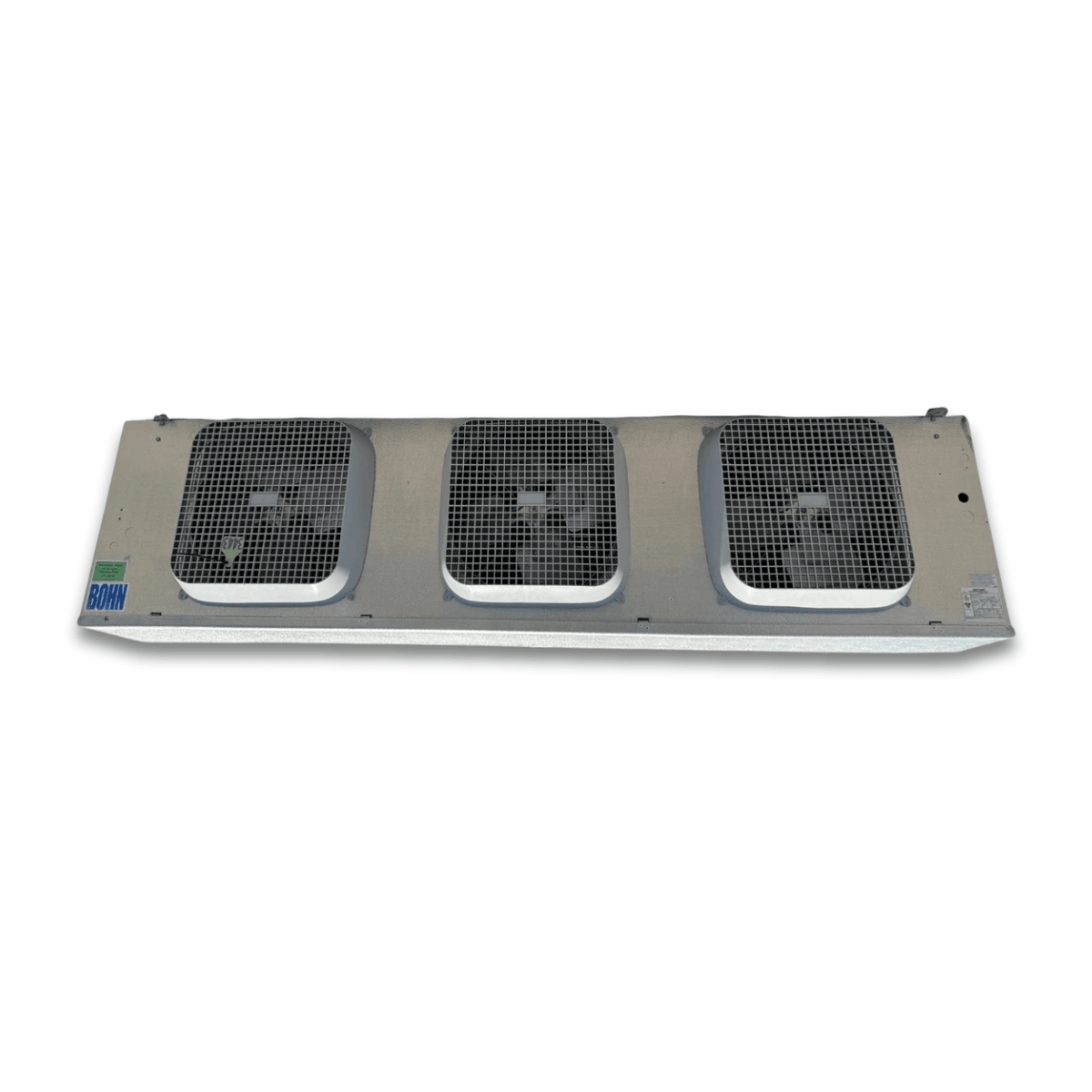 Used Bohn BML-330CEA Evaporator - 11555 — supplier gallery view 2; Straight-on view of the used Bohn BML-330CEA electric defrost evaporator #3443, showing the three white-grille fans and inventory tag #3443.