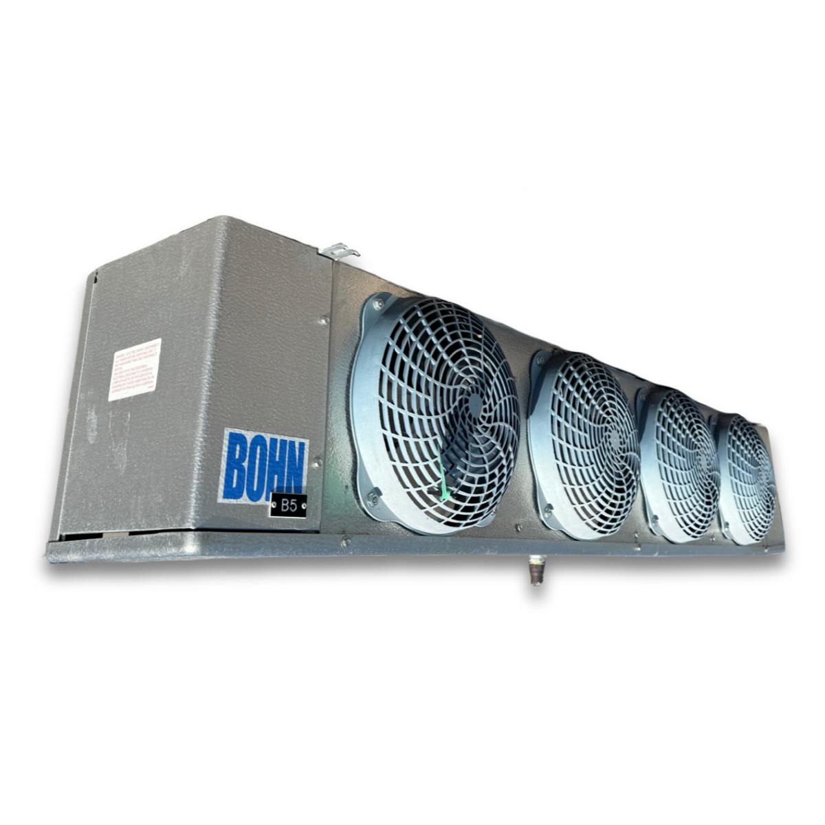 Used Bohn LLE-136CEK Evaporator — supplier gallery view 1; Used gray evaporator with four fans front side view showing labels.