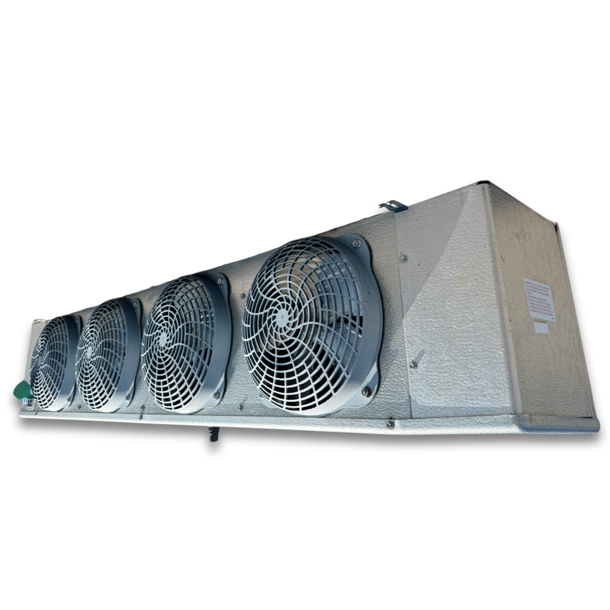 Used Bohn LLE-136CEK Evaporator — supplier gallery view 3; Used gray evaporator with four fans front side view showing labels.