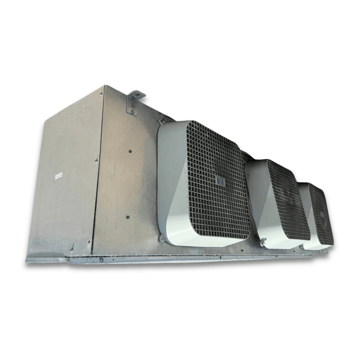 Used Bohn MPA-3651F Evaporator #3367 — supplier gallery view 1; Front-left view of a used Bohn MPA-3651F evaporator #3367, a gray fan coil unit with three square white-grille fans.
