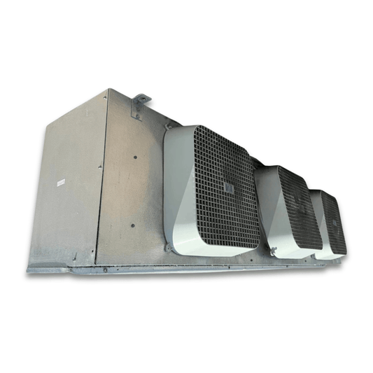Used Bohn MPA-3651F Evaporator #3367 — supplier gallery view 1; Front-left view of a used Bohn MPA-3651F evaporator #3367, a gray fan coil unit with three square white-grille fans.