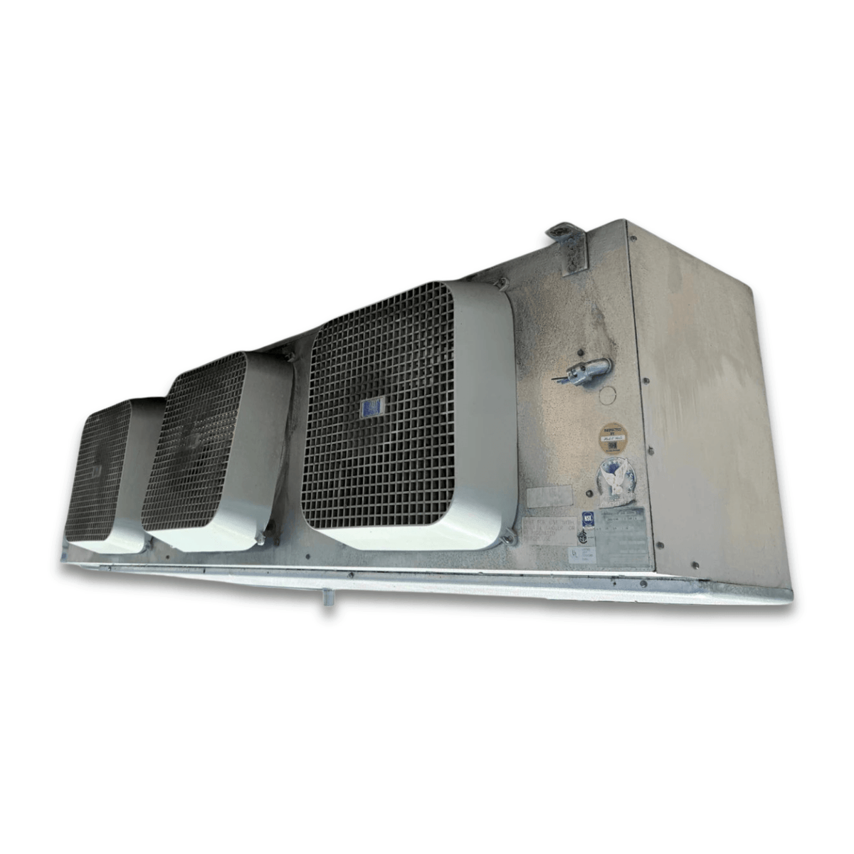 Used Bohn MPA-3651F Evaporator #3367 — supplier gallery view 3; Front-right view of the used Bohn MPA-3651F evaporator #3367, showing the three square white-grille fans and cabinet side panel.