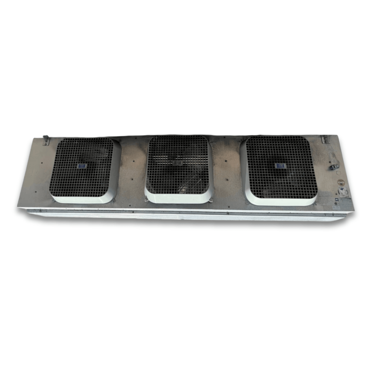 Used Bohn MPA-3651F Evaporator #3367 — supplier gallery view 2; Straight-on view of the used Bohn MPA-3651F evaporator #3367, showing the three square white-grille fans.