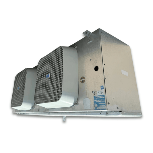 Used Bohn MPE-1902 Evaporator #3176 — supplier gallery view 1; Front-left view of a used Bohn MPE-1902 evaporator #3176, a gray fan coil unit with two white-grille fans and a Bohn logo decal.