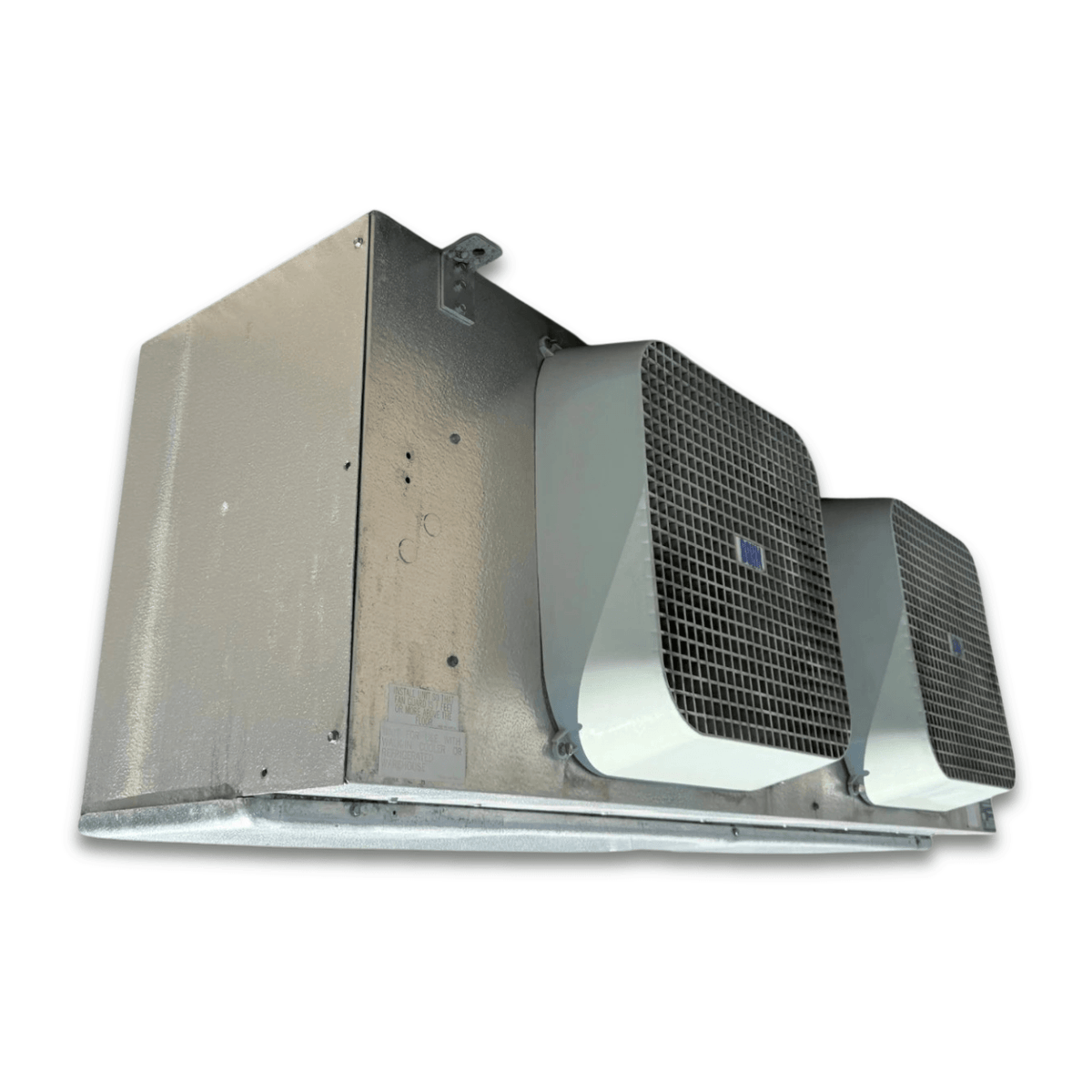 Used Bohn MPE-1902 Evaporator #3176 — supplier gallery view 3; Front-right view of the used Bohn MPE-1902 evaporator #3176, showing the cabinet side panel and rating labels.