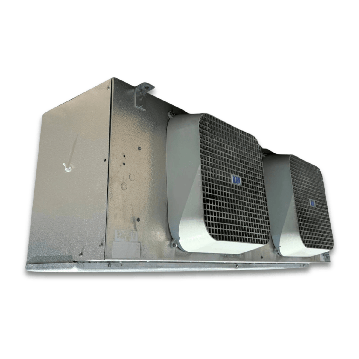 Used Bohn MPE-1902F Evaporator #3243 — supplier gallery view 3; Front-left view of a used Bohn MPE-1902F evaporator #3243, a gray fan coil unit with two square white-grille fans and a Bohn logo.