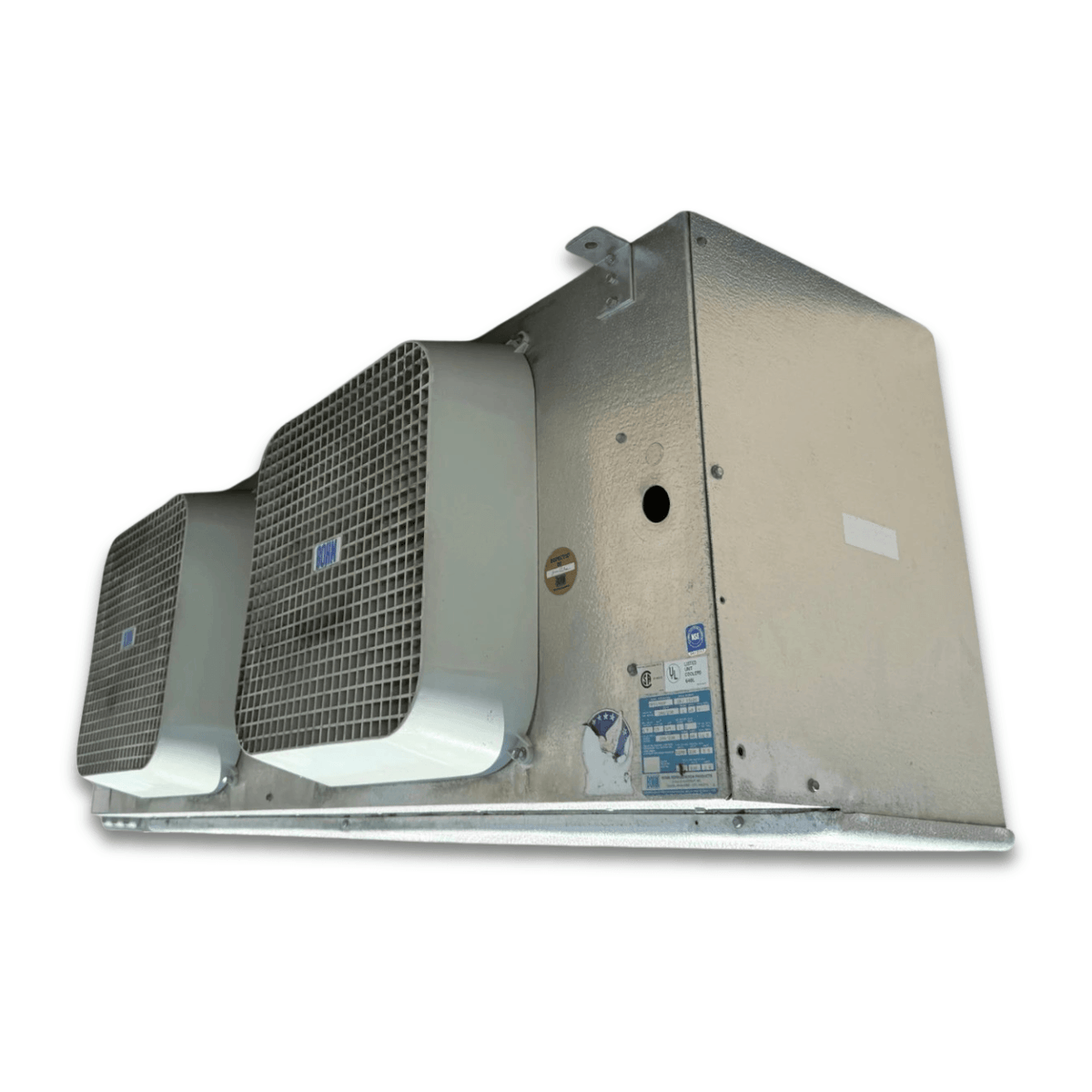 Used Bohn MPE-1902F Evaporator #3243 — supplier gallery view 1; Front-right view of the used Bohn MPE-1902F evaporator #3243, showing the two square white-grille fans and cabinet side panel.