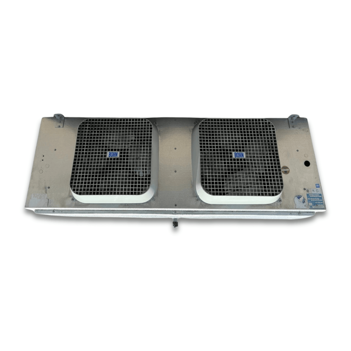 Used Bohn MPE-1902F Evaporator #3243 — supplier gallery view 2; Straight-on view of the used Bohn MPE-1902F evaporator #3243, showing the two square white-grille fans and Bohn logos.
