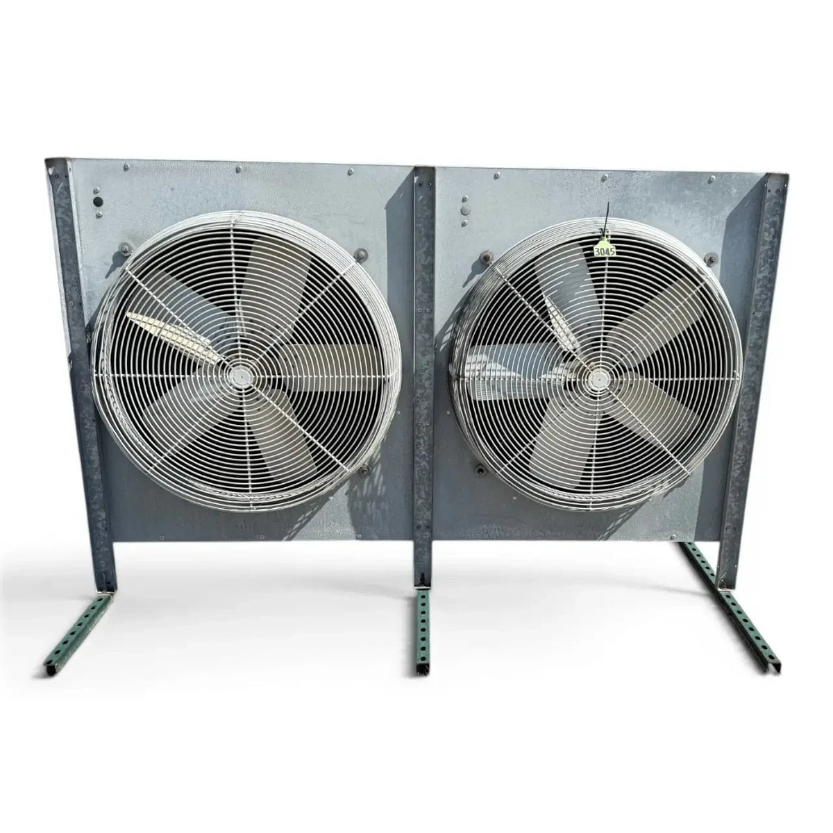 Used Bohn PG-2502D Evaporator — supplier gallery view 2; Straight-on view of the used Bohn PG-2502D evaporator #3045, showing the two large round wire-grille fans.