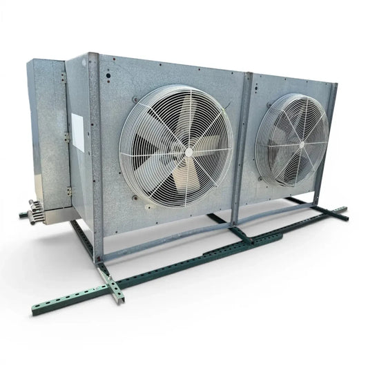 Used Bohn PG-3002D Evaporator — supplier gallery view 1; Front-left view of a used Bohn PG-3002D evaporator #3492, a gray penthouse-style fan coil unit with two square top-mounted fan grilles and a coil face.