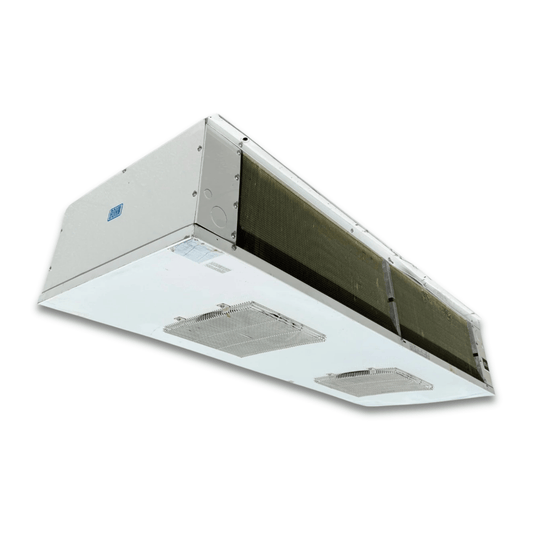 Used Bohn WK-155AW Low Velocity Evaporator — supplier gallery view 1; Front-left view of a used Bohn WK-155AW low velocity evaporator, a white fan coil unit with two square grille fans and a Bohn logo.