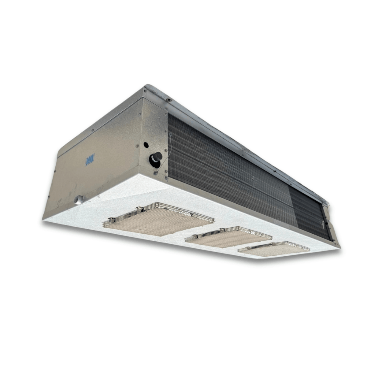 Used Bohn WK-1800A Low Velocity Evaporator — supplier gallery view 1; Front-left view of a used Bohn WK-1800A low velocity evaporator, a gray fan coil unit with three square grille fans and a Bohn logo.