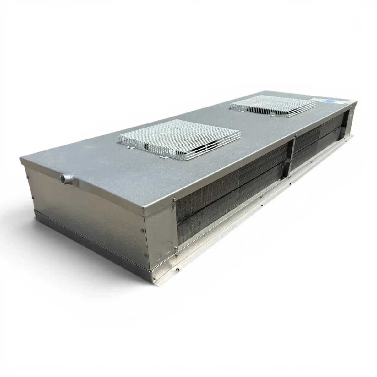 Used Bohn WKE-100BEC Low Velocity Evaporator - 11575 — supplier gallery view 1; Front-left view of a used Bohn WKE-100BEC low velocity evaporator, a gray penthouse-style fan coil unit with two square top-mounted fan grilles and inventory tag #3457.