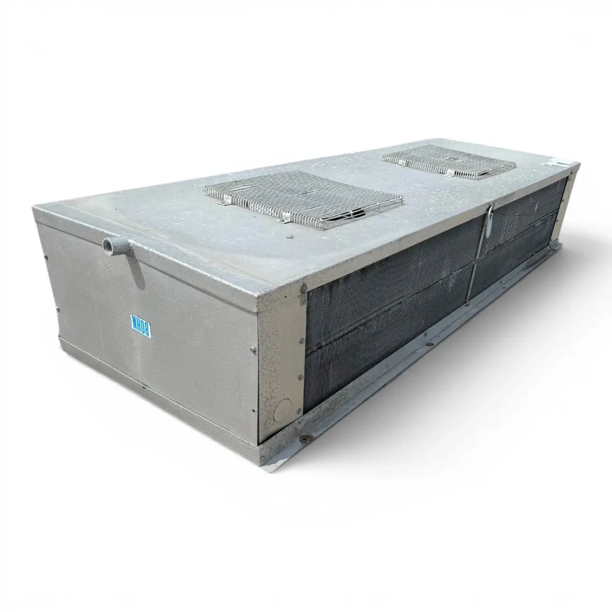 Used Bohn WKE-1551A Low Velocity Evaporator — supplier gallery view 1; Front-left view of a used Bohn WKE-1551A low velocity evaporator #787, a gray penthouse-style fan coil unit with two square top-mounted fan grilles and inventory tag #787.