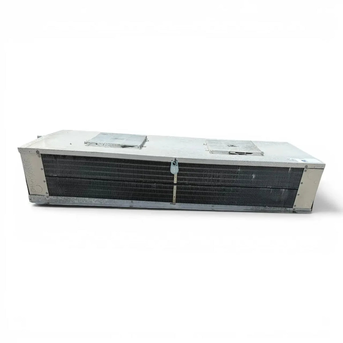 Used Bohn WKE-1551A Low Velocity Evaporator — supplier gallery view 2; Straight-on view of the used Bohn WKE-1551A low velocity evaporator #787, showing the two top-mounted fan grilles and inventory tag #787.