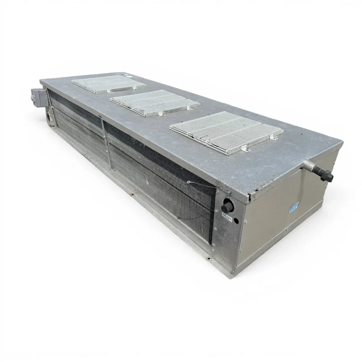 Used Bohn WKE-1801A Low Velocity Evaporator — supplier gallery view 1; Front-right view of the used Bohn WKE-1801A low velocity evaporator, showing the cabinet side panel and access wiring.