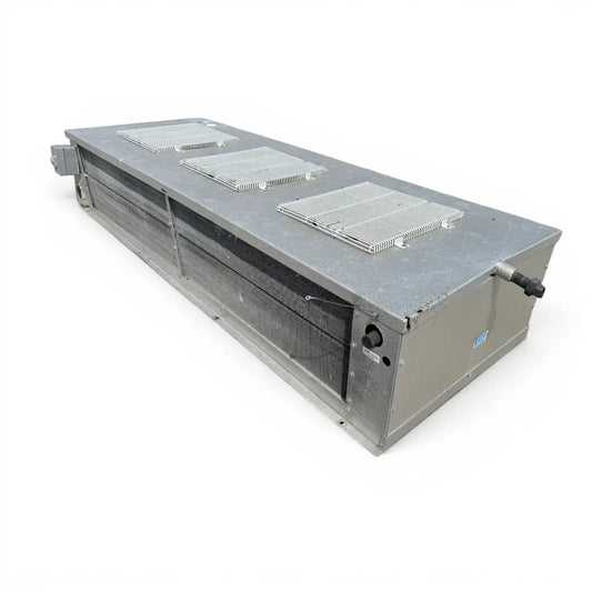 Used Bohn WKE-1801A Low Velocity Evaporator — supplier gallery view 1; Front-right view of the used Bohn WKE-1801A low velocity evaporator, showing the cabinet side panel and access wiring.