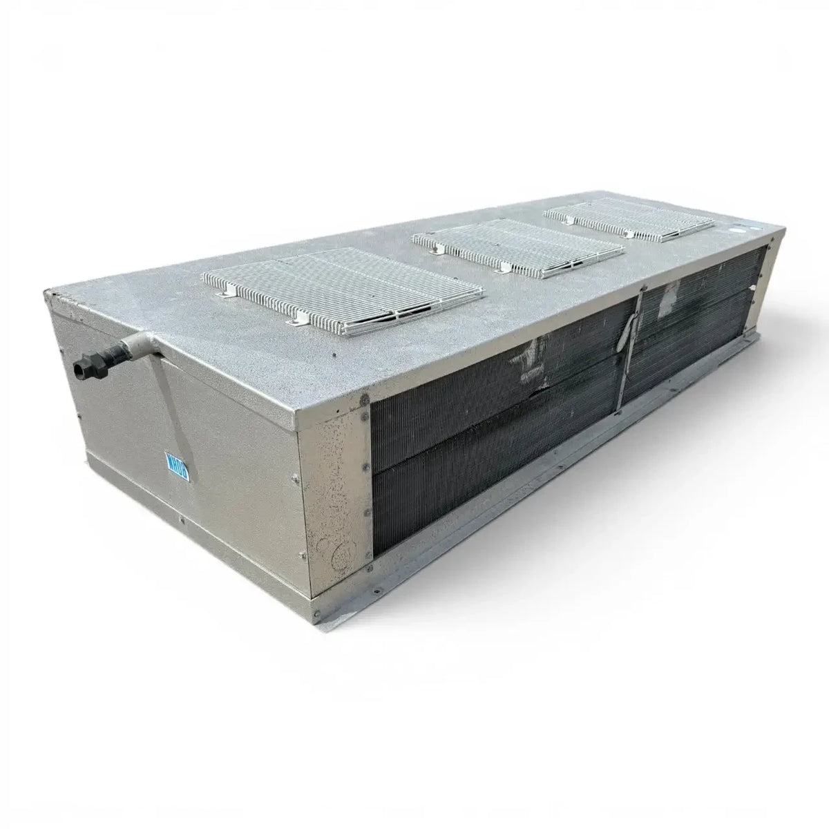 Used Bohn WKE-1801A Low Velocity Evaporator — supplier gallery view 3; Front-left view of a used Bohn WKE-1801A low velocity evaporator, a gray penthouse-style fan coil unit with three square top-mounted fan grilles and exposed wiring at the end panel.