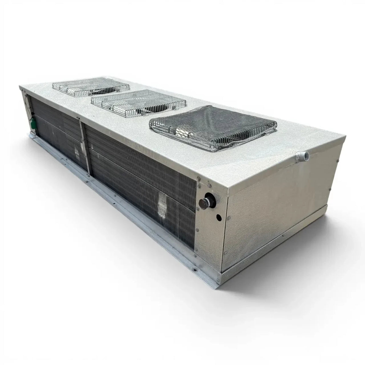 Used Bohn WKE-180BEC Low Velocity Evaporator — supplier gallery view 3; Front-right view of the used Bohn WKE-180BEC low velocity evaporator #1060, showing the cabinet side panel and rating labels.