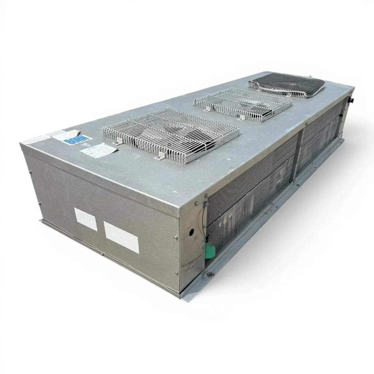 Used Bohn WKE-180BEC Low Velocity Evaporator — supplier gallery view 1; Front-left view of a used Bohn WKE-180BEC low velocity evaporator #1060, a gray penthouse-style fan coil unit with three top-mounted fan grilles and a coil face.