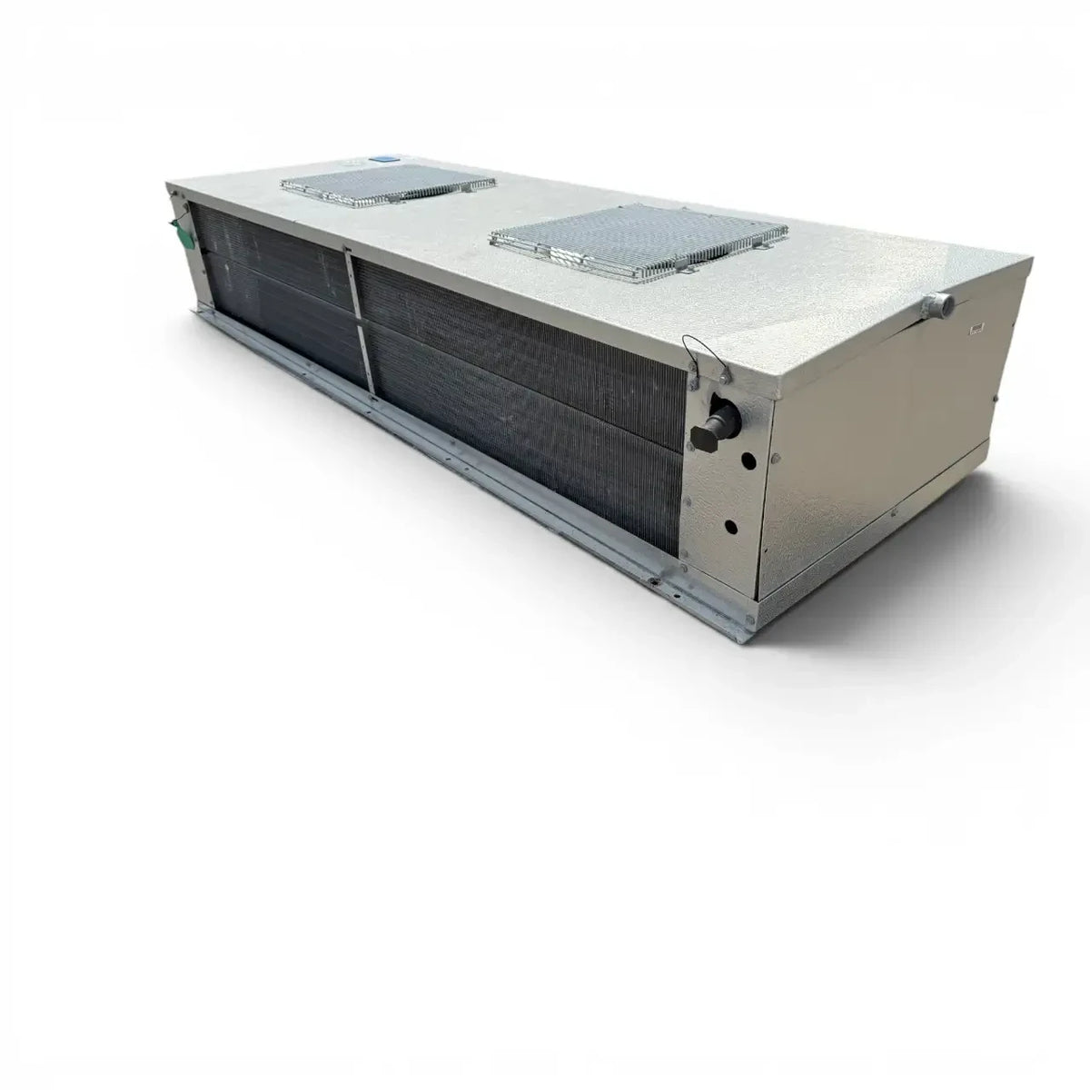 Used Bohn WKG-155AC Low Velocity Evaporator — supplier gallery view 3; Front-right view of the used Bohn WKG-155AC low velocity evaporator #1043, showing the cabinet side panel and rating labels.