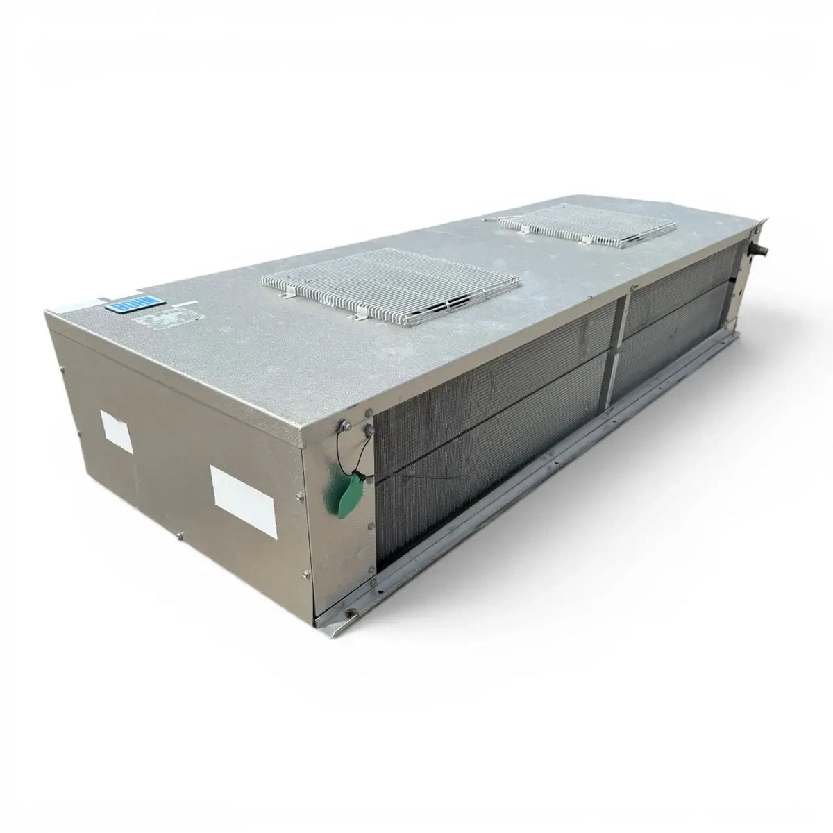 Used Bohn WKG-155AC Low Velocity Evaporator — supplier gallery view 1; Front-left view of a used Bohn WKG-155AC low velocity evaporator #1043, a gray penthouse-style fan coil unit with two square top-mounted fan grilles and a coil face.