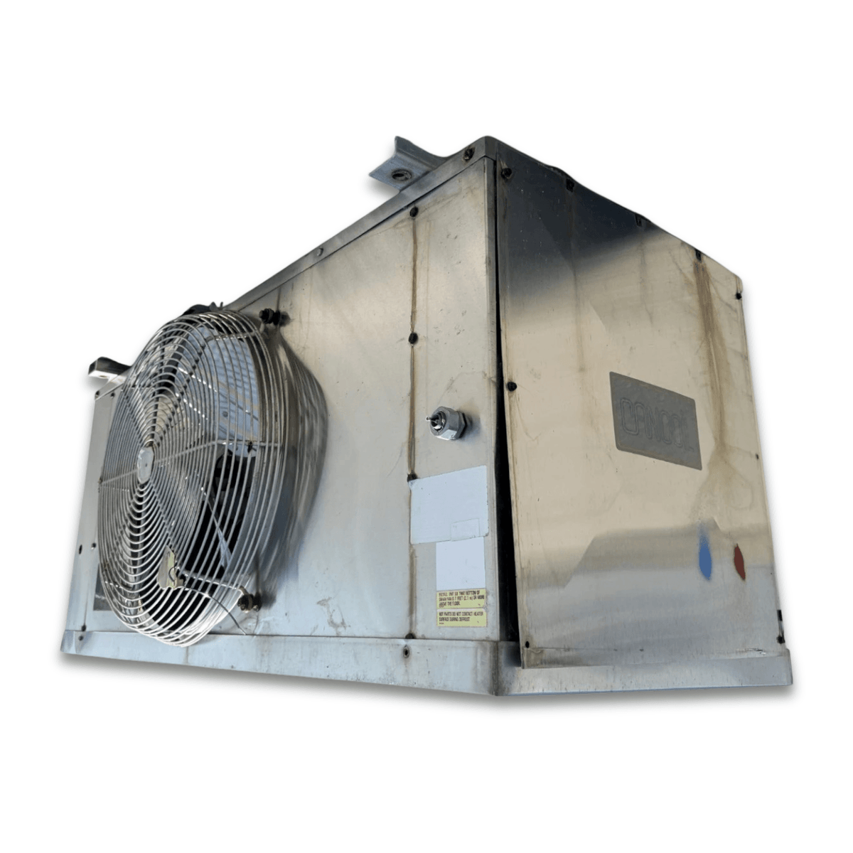 Used Cancoil EMPS-16212B Evaporator - 11581 — supplier gallery view 3; Front-right view of the used Cancoil EMPS-16212B evaporator #3086, showing the cabinet side panel and rating labels.