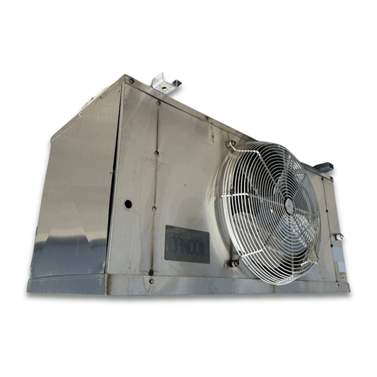 Used Cancoil EMPS-16212B Evaporator - 11581 — supplier gallery view 1; Front-left view of a used Cancoil EMPS-16212B evaporator #3086, a stainless fan coil unit with a single round wire-grille fan and a Cancoil logo.