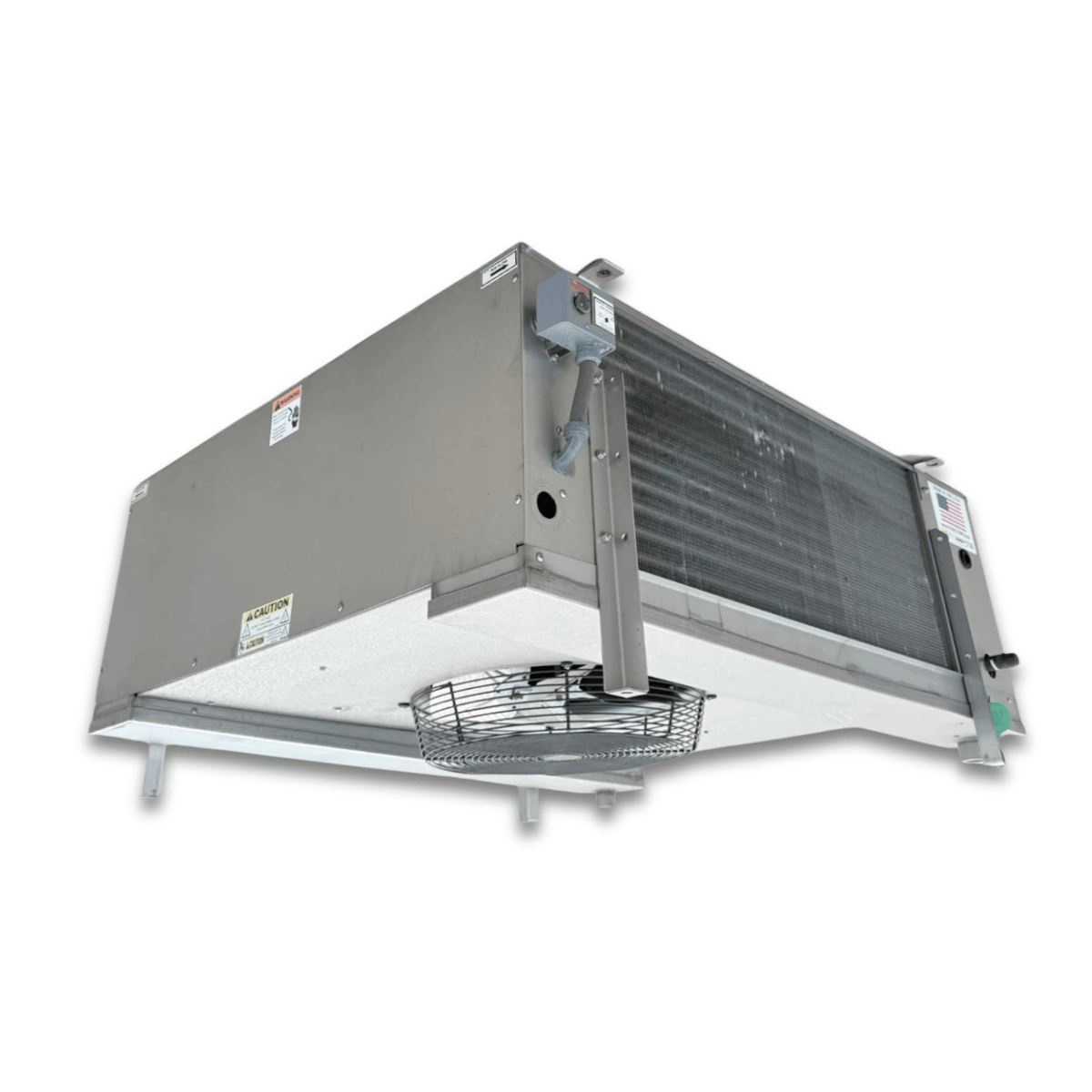 Used Century BALV517-236E Evaporator — supplier gallery view 3; Front-left view of a used Century BALV517-236E evaporator #2033, a gray fan coil unit with a top-mounted round duct fan and a coil face.