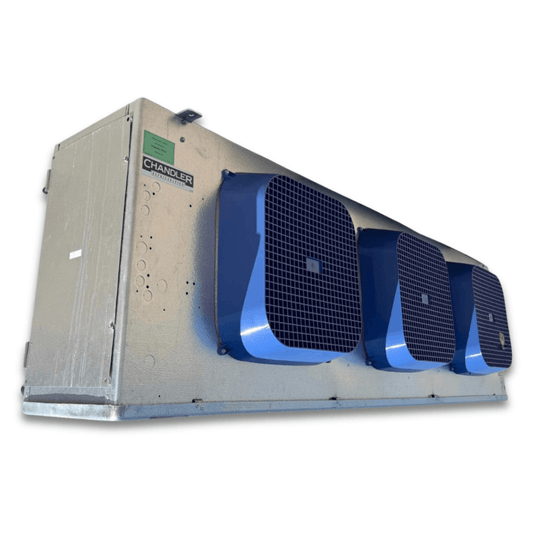 Used Chandler HEM0370CS6EMAB0000 Evaporator — supplier gallery view 1; Front-left view of a used Chandler HEM0370CS6EMAB0000 evaporator #3430, a gray fan coil unit with three blue-grille fans and a Chandler logo.