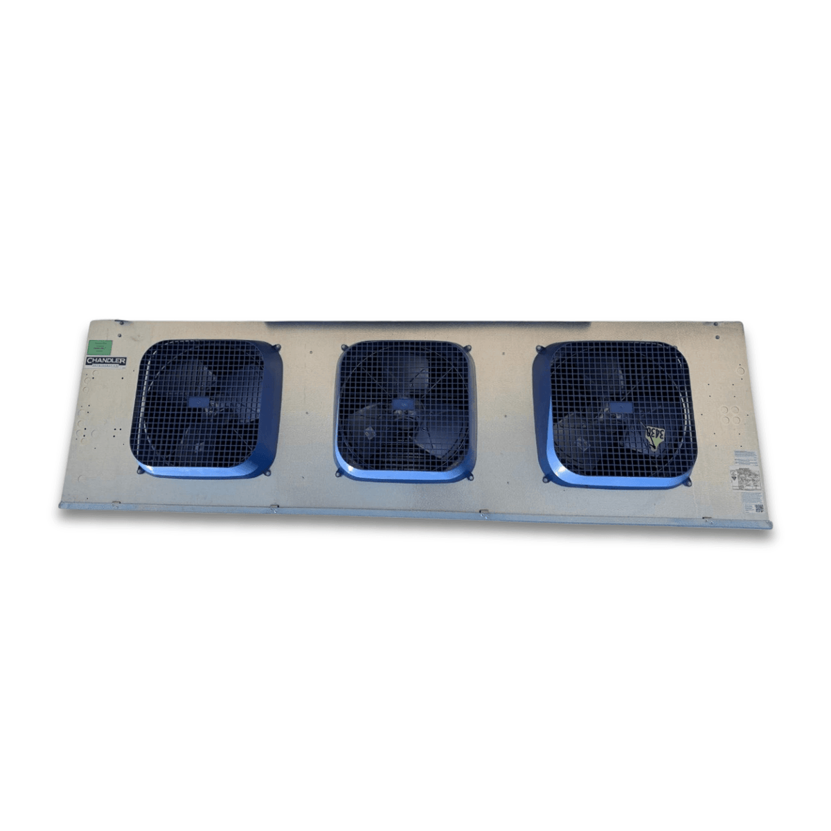 Used Chandler HEM0370CS6EMAB0000 Evaporator — supplier gallery view 2; Straight-on view of the used Chandler HEM0370CS6EMAB0000 evaporator #3430, showing the three blue-grille fans.
