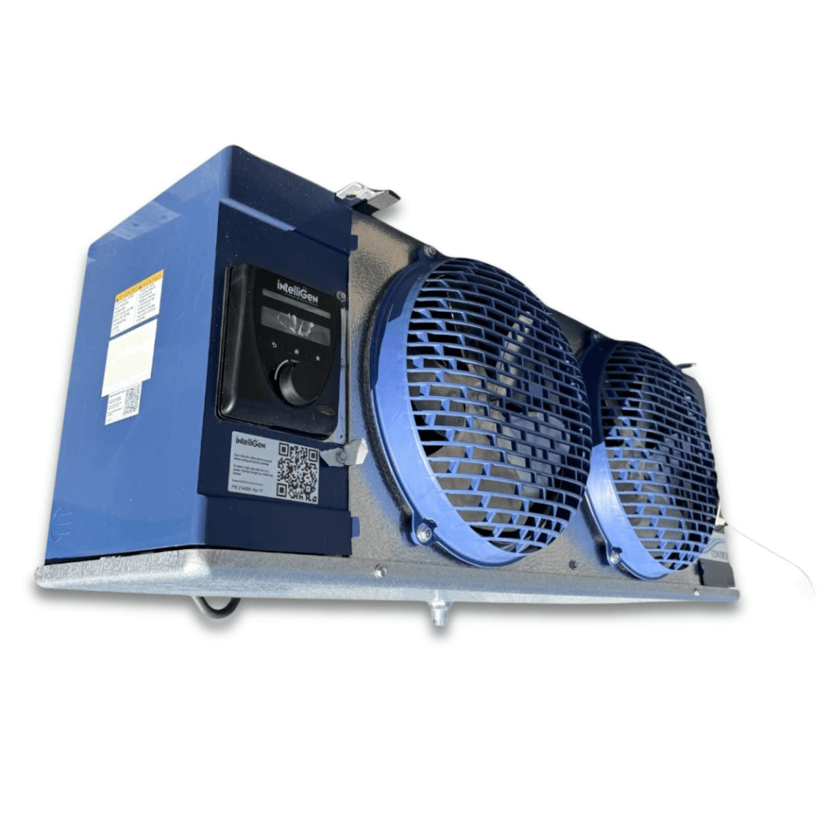 Used Chandler CEL-0080BS6EEAY0628 Evaporator — supplier gallery view 1; Front-left view of a used Chandler CEL-0080BS6EEAY0628 evaporator #3455, a gray fan coil unit with twin blue-grille fans and a blue IntelliGen control panel.