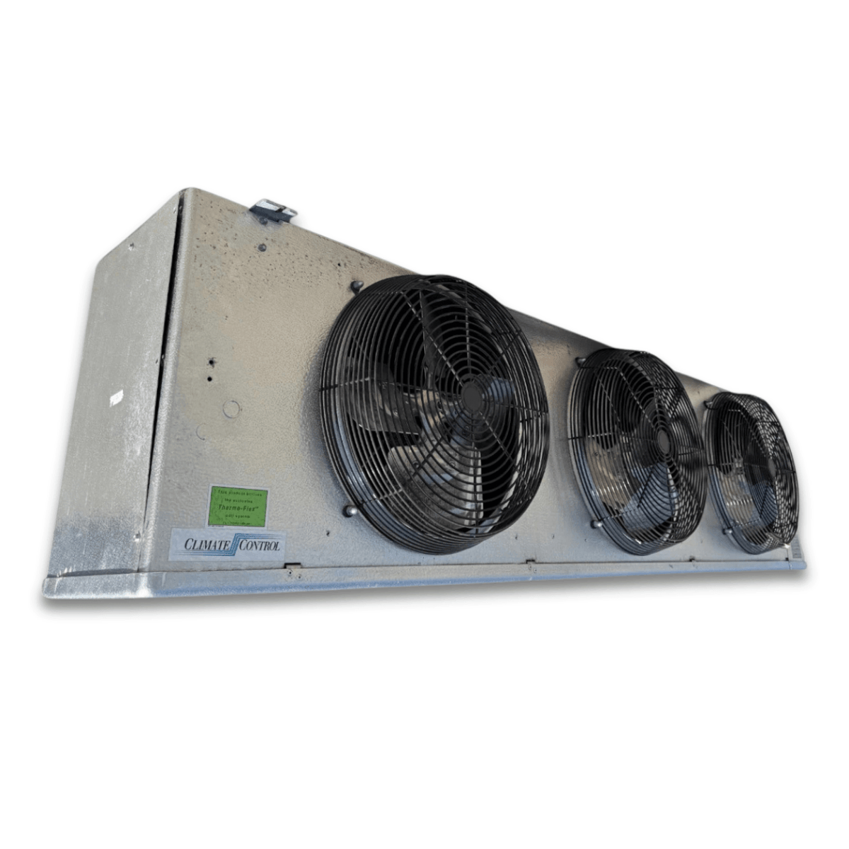 Used Climate Control CME-310BA Evaporator #3255 — supplier gallery view 1; Front-left view of a used Climate Control CME-310BA evaporator #3255, a gray fan coil unit with three black-grille fans and a Climate Control logo.
