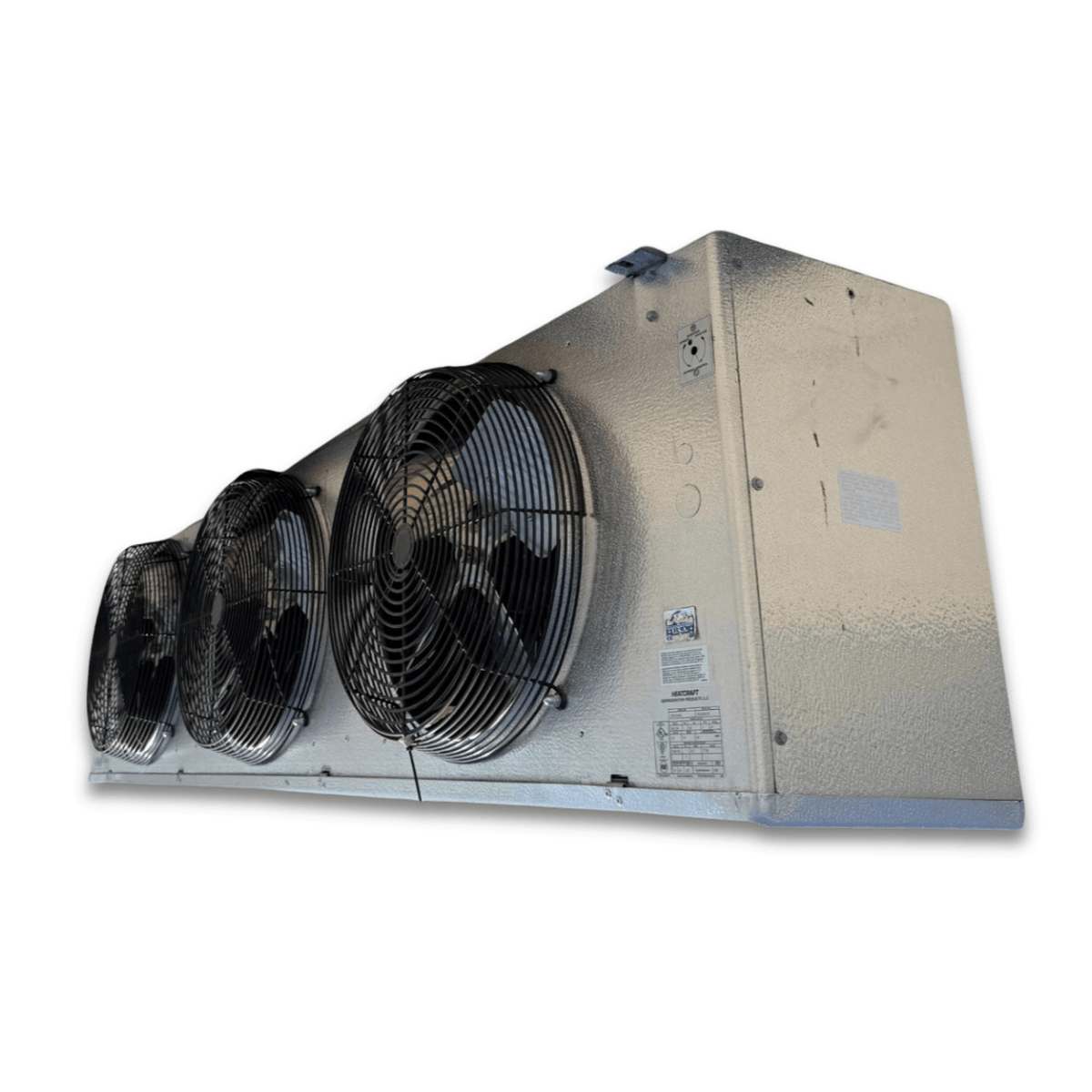 Used Climate Control CME-310BA Evaporator #3255 — supplier gallery view 3; Front-right view of the used Climate Control CME-310BA evaporator #3255, showing the cabinet side panel and rating labels.