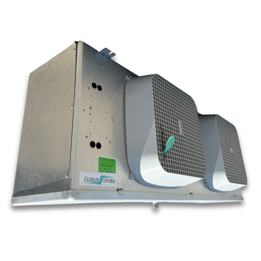 Used Climate Control CML-165CA Evaporator #1049 — supplier gallery view 1; Used gray evaporator with two fans front side view showing labels.