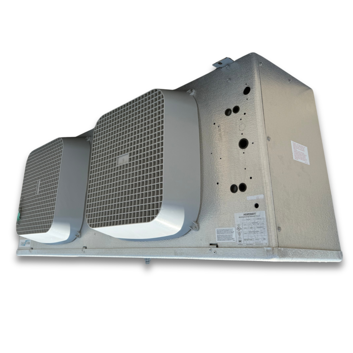 Used Climate Control CML-165CA Evaporator #1049 — supplier gallery view 3; Used gray evaporator with two fans front side view showing labels.
